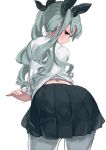  1girl anchovy anzio_school_uniform ass back bangs bent_over black_ribbon black_skirt closed_mouth commentary cowboy_shot dress_shirt drill_hair from_behind girls_und_panzer green_hair hair_ribbon kabotya_to_rantan light_frown long_hair long_sleeves looking_at_viewer looking_back miniskirt pantyhose pleated_skirt red_eyes ribbon school_uniform shirt skirt solo standing twin_drills twintails white_legwear white_shirt 