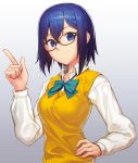  1girl blue_eyes blue_hair bow bowtie breasts ciel glasses hand_on_hip highres index_finger_raised looking_at_viewer randle school_uniform shirt sidelocks simple_background smile solo tsukihime upper_body vest 
