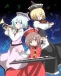  3girls beamed_quavers black_background black_dress blonde_hair blue_background blue_eyes blue_hair brown_eyes brown_hair commentary_request dress eyebrows_visible_through_hair frills from_side gradient gradient_background hat highres holding holding_instrument instrument keyboard_(instrument) kz_oji long_sleeves looking_at_viewer lunasa_prismriver lyrica_prismriver merlin_prismriver multiple_girls musical_note pink_dress profile red_dress short_hair smile touhou trumpet violin yellow_eyes 