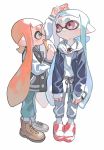  2girls aqua_hair aspara bangs blunt_bangs closed_mouth domino_mask eating green_eyes hand_on_another&#039;s_head highres holding inkling jacket long_hair mask multiple_girls on_head open_mouth orange_hair pants pointy_ears red_eyes sandals shirt shoes shrimp simple_background socks splatoon squid tentacle_hair white_background white_shirt 