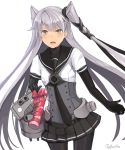  1girl amatsukaze_(kantai_collection) artist_name black_bodysuit black_gloves black_neckwear black_ribbon black_sailor_collar black_skirt bodysuit brown_hair cosplay gloves hair_ribbon hatsuzuki_(kantai_collection) highres kantai_collection long_hair looking_at_viewer miniskirt neckerchief pantyhose pleated_skirt rensouhou-kun retorillo ribbon sailor_collar school_uniform serafuku silver_hair simple_background skirt solo tube two_side_up white_background yellow_eyes 