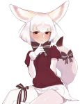  1girl animal_ears arm_behind_back bow bowtie brown_eyes extra_ears fennec_(kemono_friends) finger_to_mouth fox_ears fox_tail fur-trimmed_gloves fur_trim gloves heart heart-shaped_pupils highres juz kemono_friends looking_at_viewer puffy_short_sleeves puffy_sleeves ribbon short_hair short_sleeves simple_background sitting skirt smile solo sweater symbol-shaped_pupils tail tail_bow tail_ribbon thigh_ribbon white_background white_gloves white_hair 