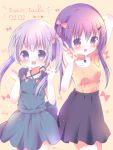  2girls :d alternate_hairstyle arm_up bangs black_skirt blue_dress blue_eyes blush bow brown_shirt choker commentary_request dated dress eyebrows_visible_through_hair gochuumon_wa_usagi_desu_ka? hair_between_eyes hair_bow kafuu_chino looking_at_viewer multiple_girls open_mouth pink_bow pink_choker purple_hair rin_(fuwarin) shirt skirt sleeveless sleeveless_shirt smile tedeza_rize twintails twintails_day upper_teeth v violet_eyes 