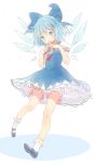  1girl black_footwear blue_bow blue_dress blue_eyes blue_hair bow cirno closed_mouth commentary dress english_commentary eyebrows_visible_through_hair fingers_together frilled_dress frills full_body hair_bow hitsukuya ice looking_at_viewer mary_janes neck_ribbon puffy_short_sleeves puffy_sleeves red_neckwear red_ribbon ribbon shoes short_sleeves simple_background sketch smile socks solo touhou unfinished white_background white_legwear wings 