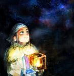  1girl ainu ainu_clothes asirpa bandanna black_hair blue_eyes cape child commentary earrings fur_cape golden_kamuy hoop_earrings jewelry lantern long_hair looking_up night night_sky outdoors sky star_(sky) starry_sky takaynno traditional_media 