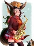  1girl animal animal_ears animal_on_head black_jacket black_legwear blue_background bow brown_hair doitsuken ear_ribbon fang fang_out fox fox_ears fox_tail holding holding_instrument instrument jacket long_hair long_sleeves looking_at_viewer musical_note on_head orange_sweater original red_eyes red_scarf red_skirt ribbed_sweater saxophone scarf skirt sleeping smile solo spoken_musical_note standing sweater tail tanuki thigh-highs zettai_ryouiki 