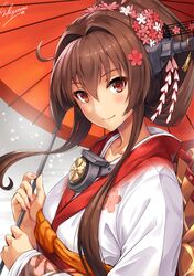  1girl ahoge bangs blush brown_eyes brown_hair closed_mouth eyebrows_visible_through_hair fingernails flower from_side hair_between_eyes hair_flower hair_intakes hair_ornament headgear holding japanese_clothes kantai_collection kimono long_hair long_sleeves looking_at_viewer looking_to_the_side obi oriental_umbrella outdoors sakiyamama sash signature smile snowing solo umbrella upper_body white_kimono yamato_(kantai_collection) 