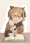  book coat eurasian_eagle_owl_(kemono_friends) fur_collar gloves kemono_friends multicolored_hair overcoat owl_ears sitting user_fzxv7542 