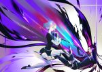  absurdres androgynous black_eyes black_hair bort broken diamond_(houseki_no_kuni) elbow_gloves fighting gem_uniform_(houseki_no_kuni) gloves highres houseki_no_kuni long_hair missing_limb multicolored multicolored_eyes multicolored_hair necktie rainbow_eyes rainbow_hair short_hair shorts sword thigh-highs very_long_hair weapon 