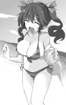  1girl bare_shoulders bikini breasts cleavage closed_eyes eyebrows_visible_through_hair front-tie_top greyscale hair_ribbon halter_top halterneck himekaidou_hatate kamukamu_(ars) large_breasts long_hair monochrome open_mouth outdoors pointy_ears ribbon side-tie_bikini sketch smile solo striped striped_bikini swimsuit touhou twintails 