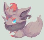 blue_eyes fang fluffy full_body grey_background hideko_(l33l3b) highres looking_at_viewer no_humans pokemon pokemon_(creature) signature simple_background slit_pupils solo zorua
