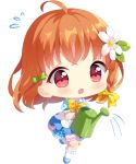 1girl :o blue_dress blue_footwear blush bow bowtie brown_hair commentary daisy dress english_commentary eyebrows_visible_through_hair flower flying_sweatdrops full_body green_bow hair_bow hair_flower hair_ornament hair_ribbon hitsukuya holding leaf leaf_hair_ornament love_live! love_live!_school_idol_project puffy_short_sleeves puffy_sleeves red_eyes ribbon short_hair short_sleeves simple_background socks solo standing standing_on_one_leg takami_chika tress_ribbon watering_can white_background white_legwear work_in_progress yellow_neckwear yellow_ribbon