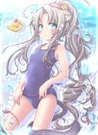  1girl akino_coto animal_ears bird blue_eyes cat_ears cat_tail chicken contrapposto cowboy_shot drill_hair flat_chest highres looking_at_viewer original ponytail revision school_swimsuit silver_hair solo standing swimsuit tail water 