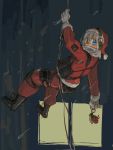  1girl blue_eyes gloves hat headphones knee_pads kuro4221 load_bearing_equipment original rappelling santa_costume santa_hat solo white_gloves white_hair 