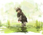  1girl antlers in_water kemono_friends moose_(kemono_friends) moose_ears moose_tail outdoors skirt solo standing sweater user_fzxv7542 water wet wet_clothes 