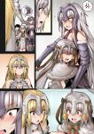  1boy 3girls anger_vein armor blonde_hair blush brown_eyes fate_(series) fujimaru_ritsuka_(male) ginhaha headdress hug jeanne_d&#039;arc_(alter)_(fate) jeanne_d&#039;arc_(fate)_(all) jeanne_d&#039;arc_alter_santa_lily multiple_girls pregnant silver_hair violet_eyes 