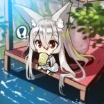  ! 1girl absurdly_long_hair animal_ears bangs barefoot blurry blurry_foreground blush chibi covered_mouth cup day depth_of_field dress drinking_glass eyebrows_visible_through_hair fox_ears fox_girl fox_tail hair_between_eyes holding holding_drinking_glass long_hair long_sleeves looking_at_viewer original outdoors red_eyes silver_hair sitting solo spoken_exclamation_mark tail very_long_hair water white_dress wide_sleeves yuuji_(yukimimi) 