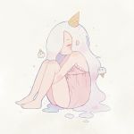  artist_name ayu_(mog) bare_arms bare_legs bare_shoulders barefoot blush closed_eyes closed_mouth commentary_request dress grey_background grey_hair ice_cream_cone leg_hug long_hair original pink_dress signature simple_background very_long_hair 