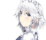  1girl blue_eyes braid commentary_request eyebrows_visible_through_hair frills hair_between_eyes highres izayoi_sakuya kz_oji looking_at_viewer maid_headdress short_hair silver_hair simple_background smile solo touhou twin_braids upper_body white_background 