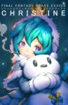  1girl blue_hair breath character_request copyright_name crown final_fantasy final_fantasy_brave_exvius gradient_eyes mittens multicolored multicolored_eyes object_hug parka rousteinire signature solo stuffed_animal stuffed_toy teddy_bear 