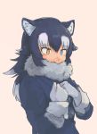  adjusting_tie animal_ears blush coat fur_collar gloves grey_wolf_(kemono_friends) heterochromia kemono_friends long_hair multicolored_hair necktie user_fzxv7542 wolf_ears 