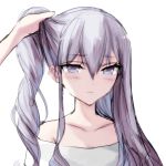  1girl bad_id bad_pixiv_id bangs bare_shoulders blue_eyes blush blush_stickers closed_mouth collarbone collarless_shirt drill_hair ears eyebrows_visible_through_hair hair_between_eyes highres holding holding_hair long_hair looking_at_viewer misteor original profile purple_hair shirt sketch solo white_background white_shirt 
