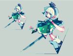  1girl amakusa_(hidorozoa) bangs bare_arms black_footwear black_hairband black_ribbon blunt_bangs green_eyes green_skirt grey_background hair_ribbon hairband holding holding_sword holding_weapon konpaku_youmu pixel_art ribbon shoes silver_hair simple_background skirt skirt_set socks solo sword touhou vest weapon white_legwear 