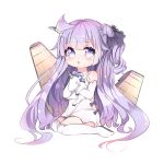  1girl absurdres ahoge azur_lane bangs black_bow black_ribbon blush bow chestnut_mouth chibi dress elbow_gloves eyebrows_visible_through_hair gloves hair_bun hair_ribbon halterneck highres looking_at_viewer object_hug one_side_up parted_lips purple_hair ribbon ribbon_(ribboon) side_bun simple_background solo stuffed_animal stuffed_toy stuffed_unicorn thigh-highs unicorn_(azur_lane) violet_eyes white_background white_dress white_gloves white_legwear 