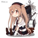  1girl :d ahenn bow brown_eyes brown_hair chibi commentary_request gloves hair_bow hair_ornament hair_ribbon hairclip heterochromia kantai_collection long_hair lowres machinery murasame_(kantai_collection) open_mouth pleated_skirt remodel_(kantai_collection) ribbon school_uniform serafuku simple_background sitting skirt smile solo turret twitter_username two_side_up white_background white_gloves 