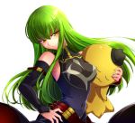  1girl bare_shoulders bouquetforangel breasts c.c. chinese_clothes code_geass commentary_request covered_navel detached_sleeves green_eyes green_hair halterneck hand_on_hip head_tilt highres long_hair looking_at_viewer shiny shiny_hair standing sunlight 