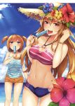  2girls absurdres beach bracelet breasts brown_hair camisole cleavage cowboy_shot day eating fang flower food glint gluteal_fold hair_between_eyes hair_bobbles hair_ornament halterneck hat hat_flower highres horizon horosuke_(toot08) jewelry long_hair medium_breasts midriff mouth_hold multiple_girls navel o-ring_top original outdoors popsicle scan shiny shiny_skin short_shorts short_twintails shorts small_breasts straw_hat sunlight sweat tongue tongue_out twintails violet_eyes 