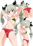  1girl ;p anchovy arm_at_side arm_behind_back arms_behind_head arms_up ass bare_arms bare_shoulders bent_over black_ribbon breasts brown_eyes drill_hair eyebrows_visible_through_hair gin&#039;you_haru girls_und_panzer green_hair grin hair_ribbon highres italian_flag_bikini long_hair looking_at_viewer multiple_views navel one_eye_closed ribbon simple_background small_breasts smile stomach tongue tongue_out twin_drills white_background 