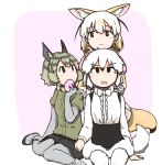  3girls absurdres animal_ears bow bowtie degu_(kemono_friends) eating eyebrows_visible_through_hair fennec_(kemono_friends) food fox_ears fox_tail gloves hand_on_shoulder highres japari_bun kemono_friends multicolored_hair multiple_girls pantyhose sitting southern_tamandua_(kemono_friends) tail tamandua_ears tamandua_tail user_fzxv7542 