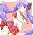  1girl belly_peek blue_eyes blush bow cowboy_shot crossed_arms dutch_angle from_below hair_bow highres hiiragi_kagami long_hair looking_at_viewer lucky_star outside_border panties pantyshot pleated_skirt purple_hair red_skirt sailor_collar school_uniform serafuku skirt standing striped striped_panties tamayan twintails twintails_day underwear 