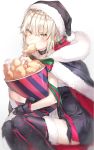  1girl :t artoria_pendragon_(all) black_cape black_dress black_gloves black_hat black_legwear blonde_hair blush bow bucket cape chicken_leg commentary diagonal_stripes dress fate/grand_order fate_(series) food_in_mouth fried_chicken fur-trimmed_cape fur-trimmed_hat fur-trimmed_hood fur-trimmed_legwear fur_trim gloves hat highres hood hood_down hooded_cape light_brown_hair looking_at_viewer looking_to_the_side myo_ne object_hug ribbon saber_alter santa_alter santa_hat simple_background sitting sleeveless sleeveless_dress solo thigh-highs white_background yellow_eyes 