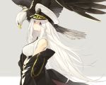  1girl aiguillette azur_lane bangs bird black_coat black_neckwear breasts coat eagle enterprise_(azur_lane) from_side grey_background hair_between_eyes hat highres large_breasts long_hair looking_at_viewer military military_uniform necktie open_clothes open_coat parted_lips peaked_cap senmu sidelocks solo uniform upper_body very_long_hair violet_eyes white_hair 
