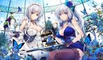  2girls :d apron arm_guards azur_lane backlighting bangs bare_shoulders belfast_(azur_lane) black_gloves blue_butterfly blue_dress blue_eyes blue_flower blue_rose breasts cake chains cleavage closed_mouth collar corset cup dress dutch_angle elbow_gloves eyebrows_visible_through_hair flower food fruit gloves grapes greenhouse hair_flower hair_ornament hirai_yuzuki holding holding_cup holding_tray illustrious_(azur_lane) indoors lace lace-trimmed_thighhighs large_breasts leaning_forward long_hair looking_at_viewer maid_headdress multiple_girls open_mouth petals rainbow rose sash saucer shiny shiny_hair sitting sleeveless sleeveless_dress smile sunlight table teacup teapot thigh-highs tray waist_apron white_apron white_gloves white_hair zettai_ryouiki 