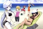  5girls :o absurdres arm_behind_head armpits arms_up ass baseball_bat beach beach_chair bikini black_bikini black_hair blindfold blonde_hair blue_eyes blue_swimsuit blush_stickers bow breasts brown_bikini brown_eyes brown_hair cleavage clouds cutlass_(girls_und_panzer) dark_skin dixie_cup_hat flint_(girls_und_panzer) flip-flops food fruit girls_und_panzer hair_bow hair_over_one_eye hand_on_hip hat hat_feather highres horizon inflatable_shark inflatable_toy long_hair looking_at_viewer lying magazine_scan maid_headdress military_hat multiple_girls murakami_(girls_und_panzer) navel ocean official_art ogin_(girls_und_panzer) on_back one-piece_swimsuit orange_swimsuit pale_skin pink_swimsuit pipe redhead rum_(girls_und_panzer) sandals scan shiny shiny_hair short_hair side-tie_bikini silver_hair skull_print sky small_breasts smile sugimoto_isao swimsuit two-tone_swimsuit very_long_hair watermelon yellow_eyes 