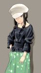  1girl black_hair brown_eyes casual commentary_request green_skirt grey_background hat highres kantai_collection kitakami_(kantai_collection) long_hair looking_at_viewer simple_background sketch skirt solo wa_(genryusui) 
