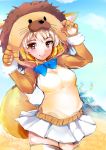  1girl animal_ears animal_hood blonde_hair blue_neckwear blue_sky bow bowtie brown_eyes claw_pose clouds commentary_request cowboy_shot day extra_ears fennec_(kemono_friends) fox_ears fox_tail gloves highres hood kemono_friends kinou_no_shika lion_hood looking_at_viewer mountain outdoors paw_gloves paws pleated_skirt skirt sky smile solo tail thigh-highs white_skirt 