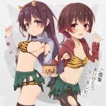  2girls animal_print back-to-back belly_peek bikini bikini_under_clothes black_legwear blush breasts brown_hair commentary_request cowboy_shot green_skirt hairband hood hoodie kantai_collection kisaragi_(kantai_collection) long_hair looking_at_viewer medium_breasts multiple_girls mutsuki_(kantai_collection) navel one_eye_closed ootori_(kyoya-ohtori) open_mouth pantyhose pleated_skirt purple_hair purple_sweater red_eyes ribbed_sweater skirt standing sweater swimsuit thigh-highs tiger_print torn_clothes torn_pantyhose turtleneck turtleneck_sweater violet_eyes zettai_ryouiki 