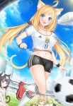  2018_fifa_world_cup 3girls ahoge aircraft animal_ears ball bandaid bike_shorts black_hair blimp blonde_hair blue_eyes blue_sky blush bra breasts brown_hair cat_ears cat_girl cat_tail chibi_inset cleavage crop_top day dirigible fang fifa germany groin highres kneehighs large_breasts long_hair low_twintails multiple_girls navel nike open_mouth scrunchie seiza sitting sky soccer soccer_ball soccer_field soccer_uniform solo_focus sportswear strap_gap sunimu sweat tail tears translated twintails underwear violet_eyes wardrobe_malfunction white_bra world_cup wristband yarn yarn_ball 