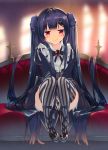  1girl :&gt; arikawa_satoru black_bow black_hair blush bow brooch chaise_longue closed_mouth flower_knight_girl frills hair_bow highres jewelry long_hair looking_at_viewer red_eyes smile solo striped striped_bow striped_legwear thigh-highs torikabuto_(flower_knight_girl) twintails upper_body 