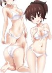  1girl ass bare_arms bare_legs bare_shoulders barefoot bikini black_ribbon breasts brown_eyes brown_hair cleavage contrapposto front-tie_bikini front-tie_top gin&#039;you_haru girls_und_panzer gluteal_fold hair_ribbon halter_top halterneck hands_on_own_chest highres kneeling koyama_yuzu large_breasts looking_at_viewer multiple_views navel open_mouth ribbon simple_background smile stomach swimsuit white_background white_bikini 