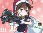  1girl ahoge airport blue_eyes brown_hair commentary_request copyright_request emblem hair_flaps hair_ornament hat highres kantai_collection kuroten looking_at_viewer merry_christmas remodel_(kantai_collection) sack santa_hat scarf shigure_(kantai_collection) smile solo 