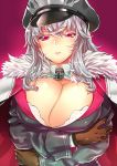  1girl azur_lane blush breasts brown_gloves cape chiha_(abo_ecm_mk25) choker collared_shirt crossed_arms eyebrows_visible_through_hair fur_trim gloves graf_zeppelin_(azur_lane) hair_between_eyes hat head_tilt huge_breasts iron_cross looking_at_viewer parted_lips peaked_cap pink_background pink_eyes shirt silver_hair solo upper_body white_shirt wing_collar 