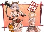  3girls animal_print artist_request belt blonde_hair bracer brown_hair chains club djeeta_(granblue_fantasy) doraf fake_horns farrah_(granblue_fantasy) granblue_fantasy hairband mask mask_on_head multiple_girls official_art ogre_(granblue_fantasy) oni_horns short_hair silver_hair skirt spiked_club stuffed_animal stuffed_toy tiger_print weapon yaia_(granblue_fantasy) 