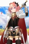 1boy absurdres armor astolfo_(fate) asuteroid black_legwear blue_sky bright_pupils cape closed_mouth clouds cloudy_sky cowboy_shot eyebrows_visible_through_hair fate/grand_order fate_(series) field flower flower_field garter_straps gauntlets gorget hair_between_eyes hand_up highres holding holding_sword holding_weapon looking_at_viewer male_focus multicolored multicolored_cape multicolored_clothes outdoors petals pink_hair red_cape sky smile solo sword thigh-highs trap violet_eyes weapon weapon_on_back white_cape 