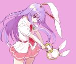  1girl animal_ears long_hair looking_at_viewer makuwauri necktie pink_background purple_hair rabbit_ears red_eyes reisen_udongein_inaba skirt solo 