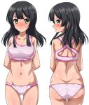  1girl :o arms_behind_back ass back bangs bare_shoulders black_hair blush breasts butt_crack closed_mouth collarbone cowboy_shot embarrassed from_behind gluteal_fold hair_ornament hairclip kantai_collection long_hair looking_at_viewer looking_back multiple_views navel nose_blush open_mouth oyashio_(kantai_collection) panties profile shiny shiny_hair shiny_skin shoulder_blades sidelocks simple_background sports_bra standing sweat sweatdrop thigh_gap thighs twisted_neck underwear underwear_only white_background white_panties yellow_eyes zanntetu 
